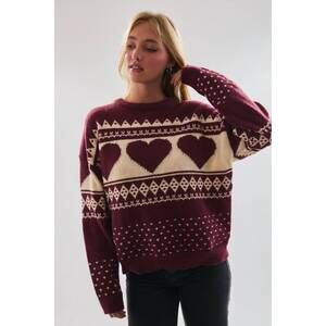 NEW LE LIS heart fair isle sweater in burgundy